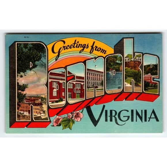 Greetings From Roanoke Virginia 1940's Postcard Large Big Letter Linen Vintage - Picture 1 of 2